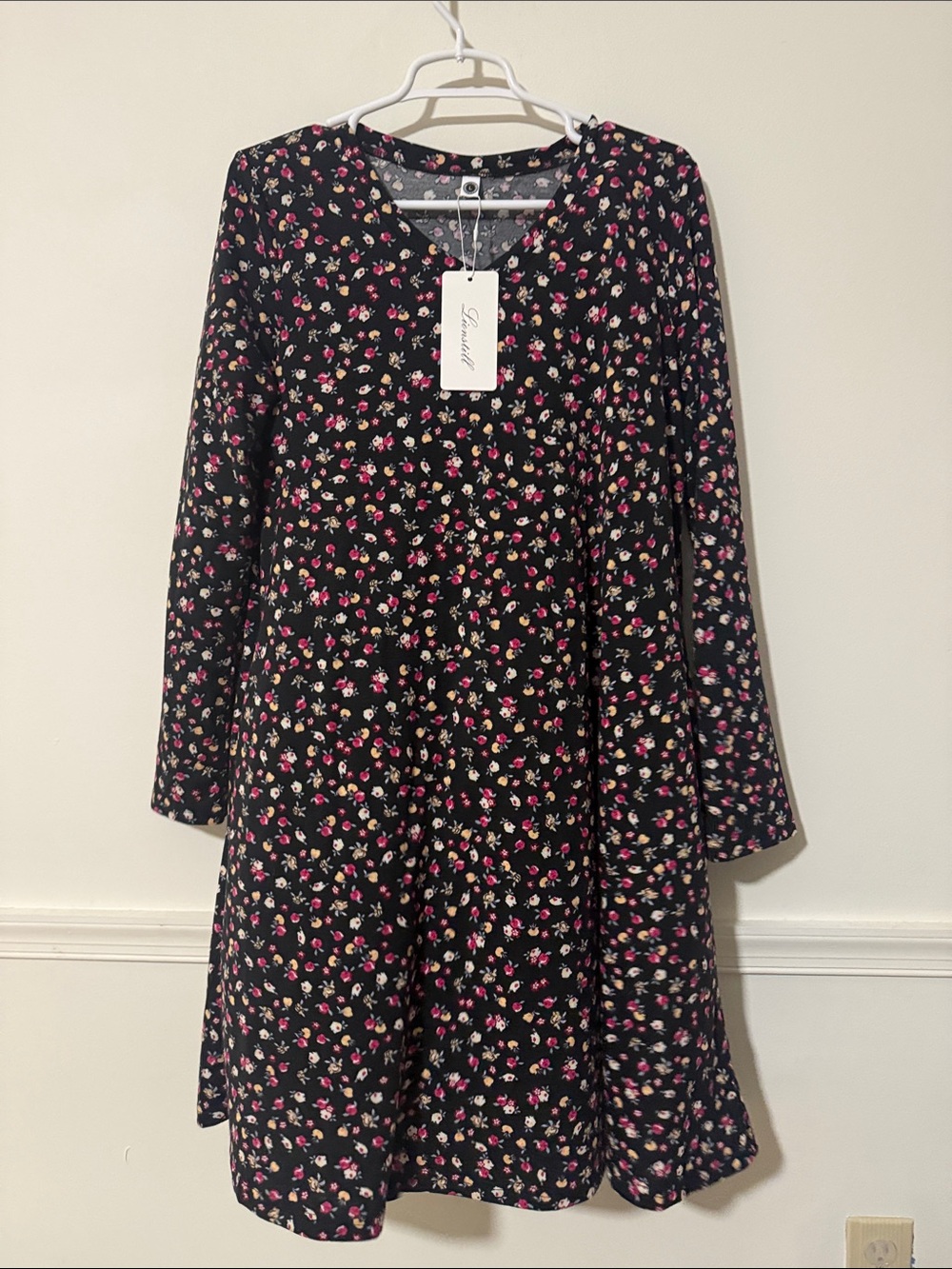 Black Floral A-Line Long-Sleeve Dress (fits like XL) L